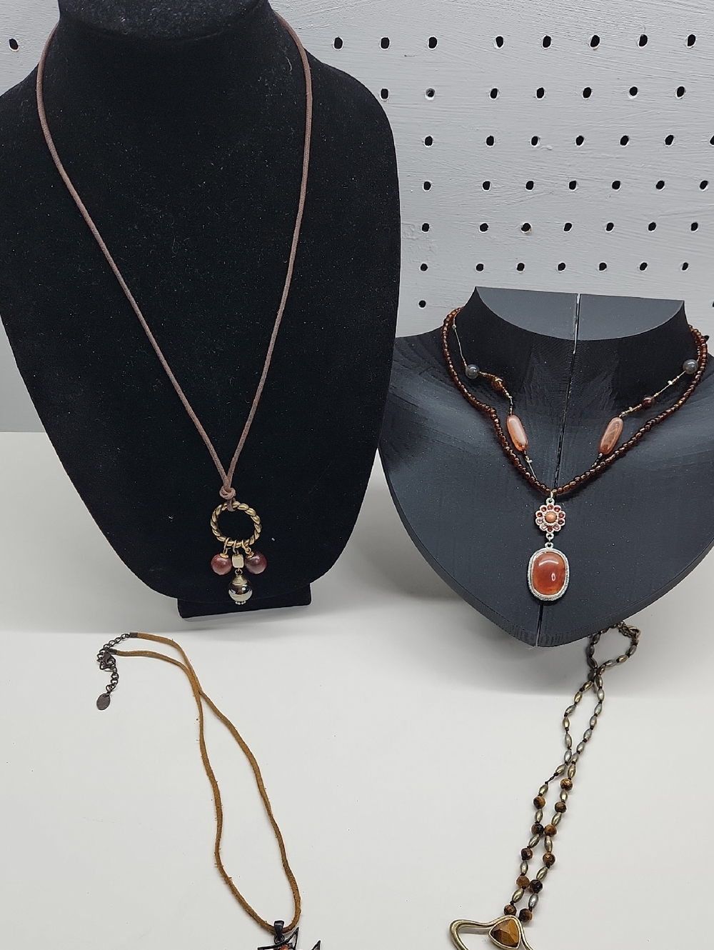 Handcrafted Brown and Coral Stone Pendant Necklace - Unbranded